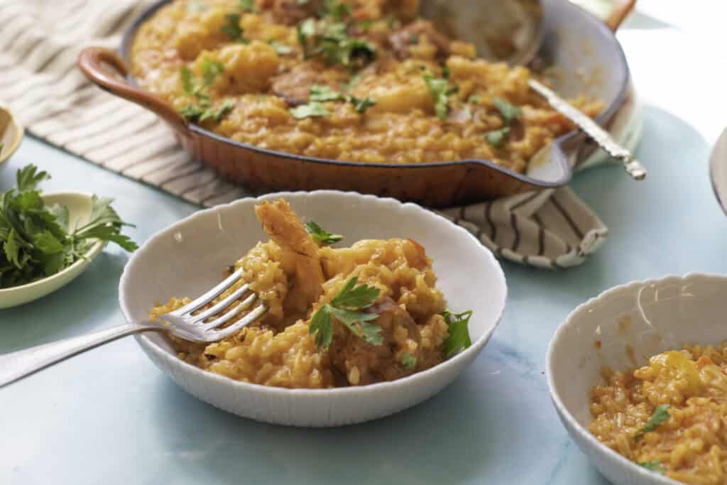 easy shrimp paella served on table